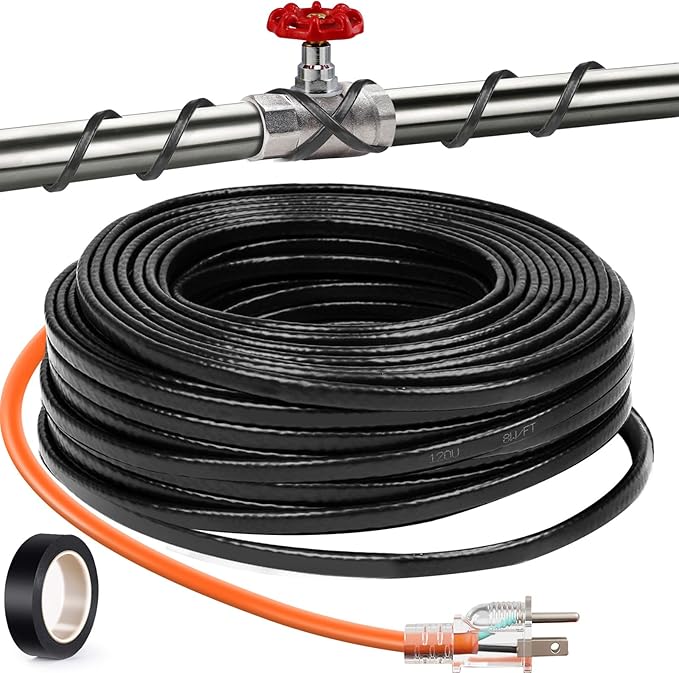 24FT（3FT-200FT） Pipe Heating Cable for Pipe Freeze Protection, Heat Cable for Water Pipes(Metal and Plastic), Pipe Heat Tape Keeps Water Flowing at -40°F 5w/ft, 120V