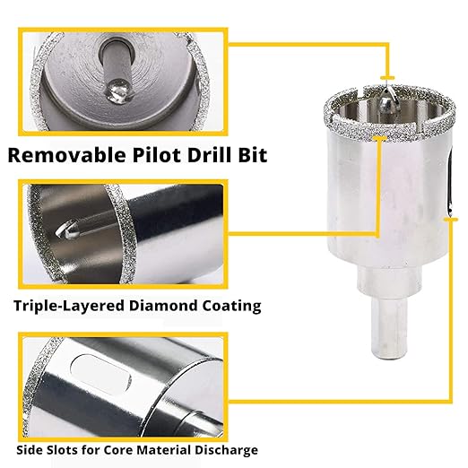 Drilax 1-3/4" Diamond Hole Saw | 1.5" Cutting Depth | Removable Pilot Pin & Triangular 3/8" Shank | Wet Drilling for Ceramic, Porcelain, Tile, Quartz, Granite, Marble | Drains & Conduits