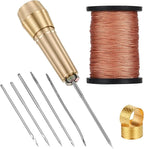 9pcs Canvas Leather Sewing Awl Needle with Copper Handle 45m Nylon Waxed Thread Cord with Thimble Assortment Kit Leather Sewing Tools for Canvas Shoe and Repair