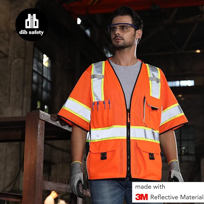 Dib Safety Reflective Mesh Vest ANSI Class 3, High Visibility with Pockets and Zipper, Made with 3M Reflective Tape, Orange XL