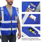 Dib Safety Reflective Vest High Visibility with Pockets and Zipper, Blue 3XL