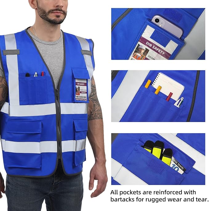 Dib Safety Reflective Vest High Visibility with Pockets and Zipper, Blue M