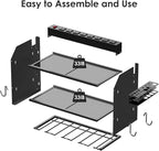 CCCEI Modular Power Tool Organizer Wall Mount with Charging Station. Garage 4 Drill Storage Shelf with Hooks, Screwdriver, Drill Bit Heavy Duty Rack, Tool Battery Holder Built in 8 Outlet Power Strip.