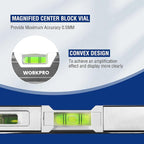 WORKPRO 10 Inch Torpedo Level, Small leveler tool with 3 Different Bubbles 45°/90°/180°, bubble level With Shock Absorbing End Caps, V-Groove for Conduit Bending, Silver/White/Blue
