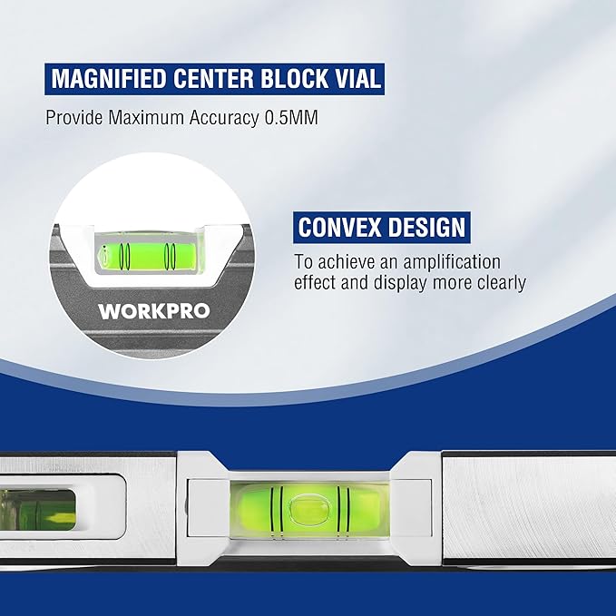 WORKPRO 10 Inch Torpedo Level, Small leveler tool with 3 Different Bubbles 45°/90°/180°, bubble level With Shock Absorbing End Caps, V-Groove for Conduit Bending, Silver/White/Blue