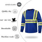 Hi Vis Safety Long Sleeve Shirts，High Visibility Class 3 T Shirts with Reflective Strips and Pocket, Quick Dry Mesh Construction Work Shirt for Men/Women (Blue,M)