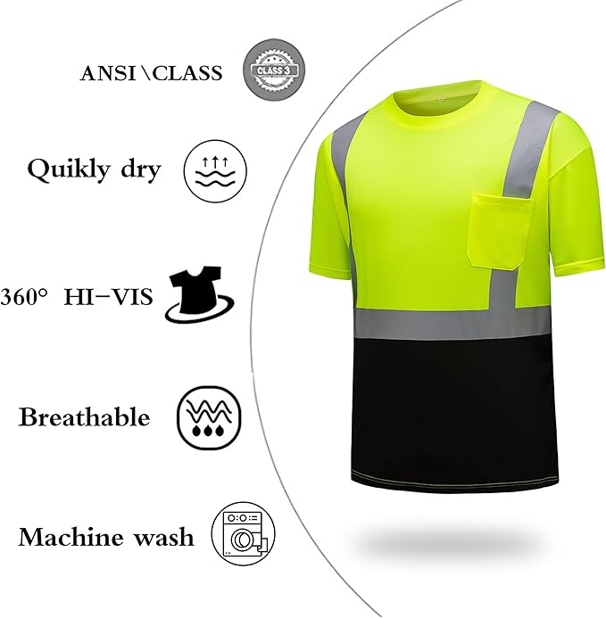 High Visibility Shirts Quick Dry Safety T Shirts with Reflective Strips and Pocket Short Sleeve Mesh Hi Vis Construction Work Class 2 Shirt for Men/Women Black Bottom Lime,3XL