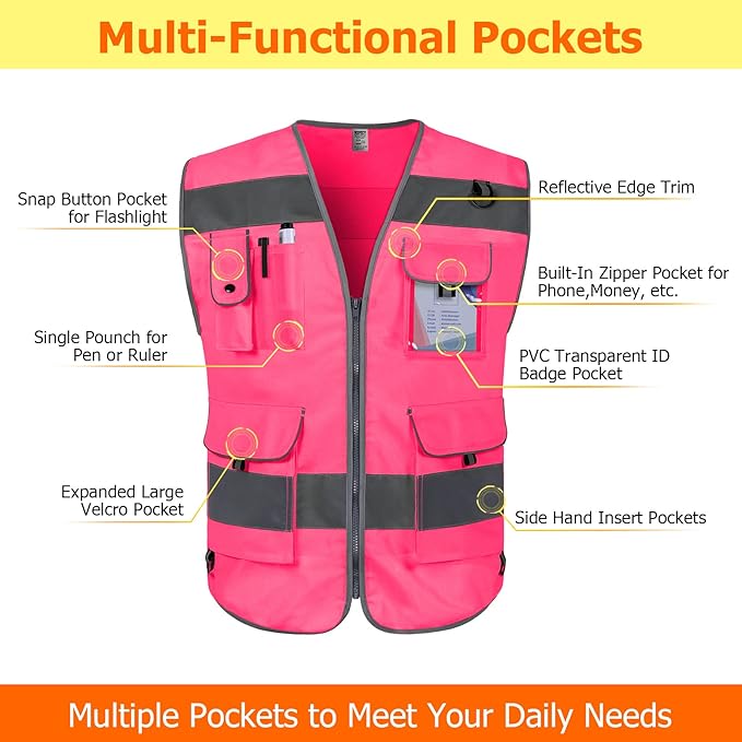 TCCFCCT Pink Safety Vest for Men Women 9 Pockets High Visibility Reflective Vest for Safety, Work Vest with Reflective Strips, Meets ANSI/ISEA Standards, X-Large