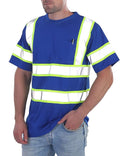 sesafety High Visibility Shirts for Mens Class 3 Hi Vis Reflective Construction Shirts for Men with Pocket Safety T Shirts for Men Work Shirt for Mens Short Sleeve Blue Yellow Strips L