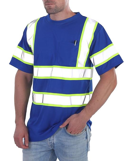 sesafety High Visibility Shirts for Mens Class 3 Hi Vis Reflective Construction Shirts for Men with Pocket Safety T Shirts for Men Work Shirt for Mens Short Sleeve Blue Yellow Strips M