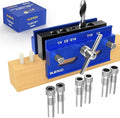Self Centering Doweling Jig Kit, Drill Jig For Straight Holes Biscuit Joiner Set With 6 Drill Guide Bushings, Adjustable Width Drilling Guide Power Tool Accessory Jigs (Blue)