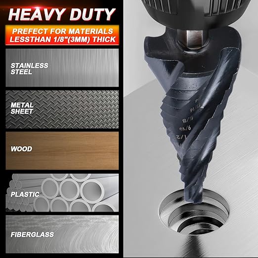 Step Drill Bits M35 Four Spirl Flute Cobalt Step Drill Bits Set 1/8"-1/2" （13 Sizes ） Wear-Resistant TiAlN Coated,1/4" Hex Shank Drill for Metal, Stainless Steel, Aluminum, Plastic