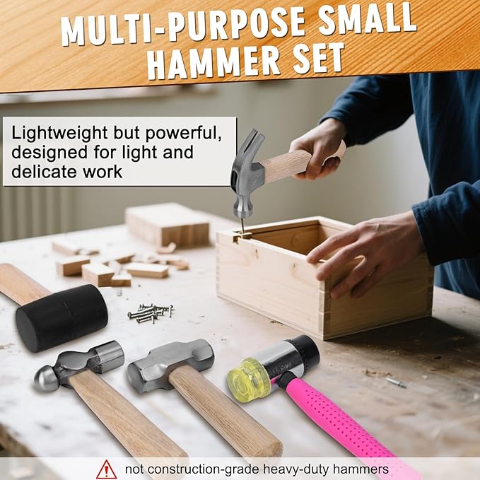 5Pcs Small Hammer Set - 10oz Rubber Mallet Hammer, 18oz Mini Sledge Hammer, 12oz Double-Faced Mallet, 11oz Ball Peen Hammer, 10oz Claw Hammer with Short Wood Handle for Lightweight Home Repair & Craft