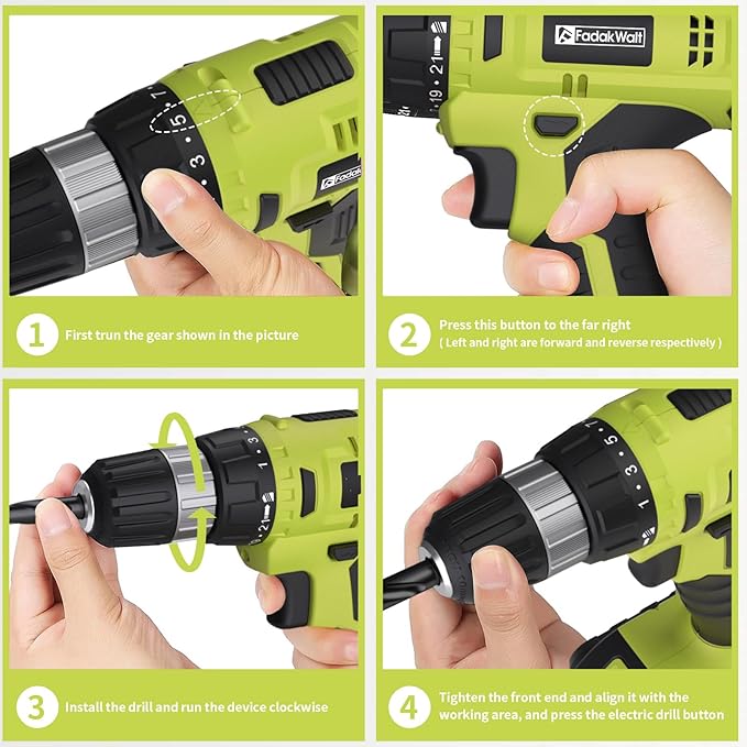 Cordless Drill Set, 20V Electric Power Drill with Battery And Charger, Torque 30N, 21+1 Torque Setting, 3/8-Inch Keyless Chuck, Drill Driver Bits Kit, with LED Electric Drill Set. （green)