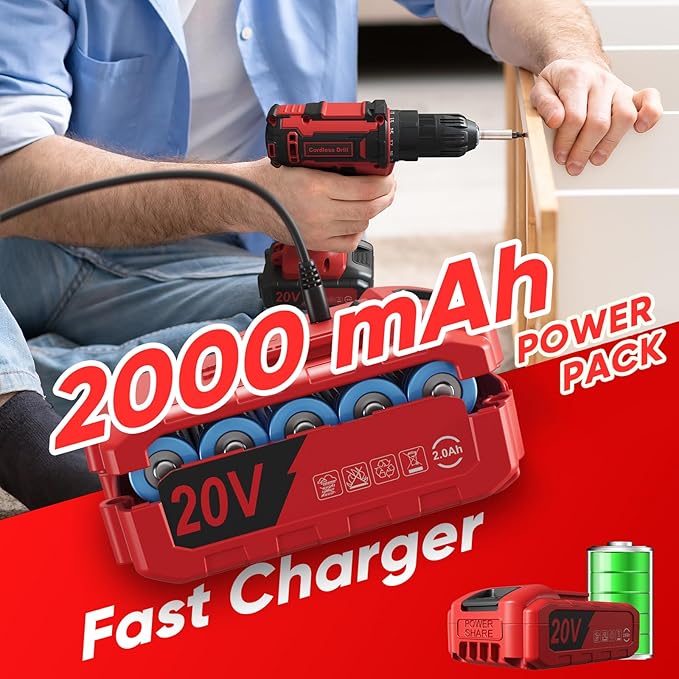 Cordless Drill Set, 20V Power Drill with Power Pack 2.0Ah and Charger, 3/8-Inch Keyless Chuck Electricdrill, 25+1 Torque, 42pcs Drilldriver Bits/Screws for DIY Projects (Red)