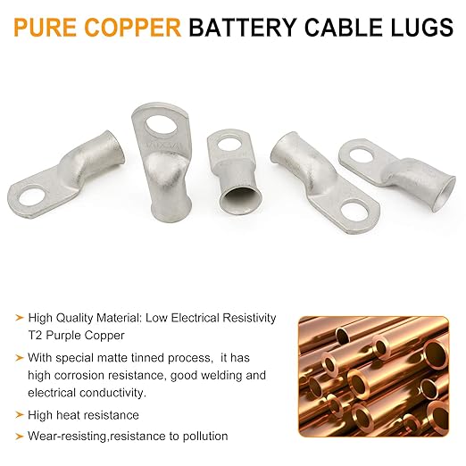 SVAAR 0 Gauge 2 Gauge 4 Gauge Terminals Copper Lugs kit Tinned Copper Wire Lugs with 5/16" and 3/8" Ring Terminals Battery Cable Lugs Terminal Connectors Heavy Duty Crimp Cable Ends + 3:1 Heat Shrink
