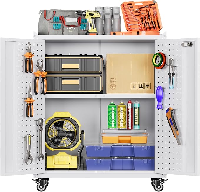 Metal Storage Cabinet on Wheels, Metal Tool Cabinet with Wheels&Pegboard&Handle&Hooks&Adjustable Shelf for Home Office Garage Warehouse Utility Room, Assembly Required, White,13.8"D x 26"W x 34.3"H