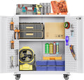 Metal Storage Cabinet on Wheels, Metal Tool Cabinet with Wheels&Pegboard&Handle&Hooks&Adjustable Shelf for Home Office Garage Warehouse Utility Room, Assembly Required, White,13.8"D x 26"W x 34.3"H