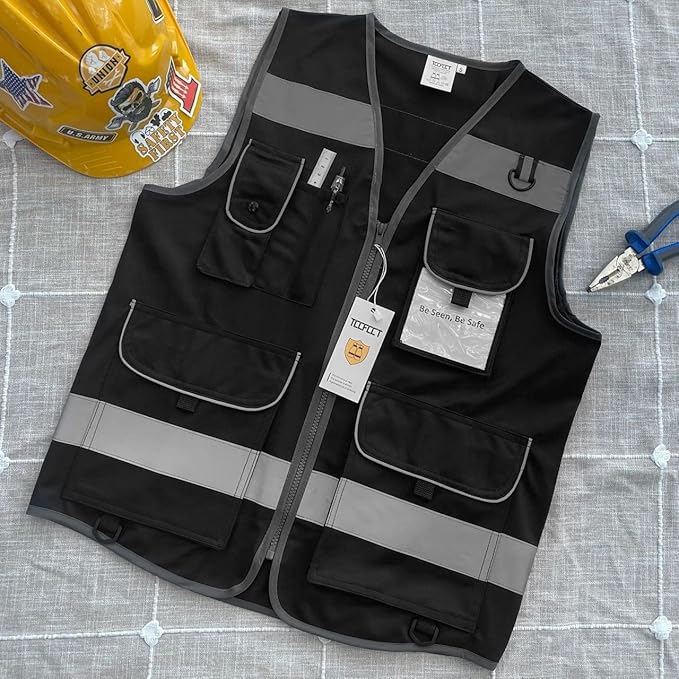 TCCFCCT Safety Vest for Men Women, 9 Pockets High Visibility Reflective Vest for Safety, Work Vest with Reflective Strips, Meets ANSI/ISEA Standards, (Black, X-Large)