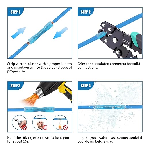 Heat Shrink Butt Connectors,200Pcs 16-14 AWG Blue Waterproof Electrical Wire Connectors Automotive Marine Grade Wire Crimp Terminals Butt Splices for Cable,Boat,Home Electrical etc.