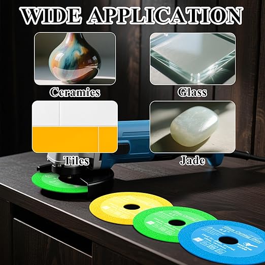 Lamoutor 3Pcs 4.5 Inch Glass Cutting Disc for Angle Grinder, Diamond Saw Blade, Tile Cutter Blade for Cutting Marble Glass Tile Jade Crystal（Green/Blue/Yellow）