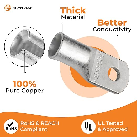 SELTERM 15pcs 1/0 AWG 1/4" Stud UL Marine Grade Battery Terminal Connectors Tinned Copper Battery Cable Lugs 0 Gauge Wire Connectors Electrical Battery Cable Ends Ring Terminals Tinned Copper Lugs