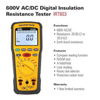 UEi IRT803 Insulation Resistance Tester 600V AC/DC, Megohmmeter Measures Insulation Resistance Up to 20GΩ, Voltage Testing Up to 600V