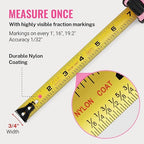 WORKPRO 16-FT Tape Measure with Fractions, 3 Brakes Retractable Measuring Tape, Compact Measurement Tape with Magnetic Hook, Nylon Coating Blade Accuracy 1/32”, Pink