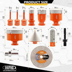 BGTEC Diamond Hole Saw Kit - 12PCS 6/6/8/19/35/50/65mm Drill Bits+20mm Milling Finger Bit+50mm Chamfering Bit+SDS/HEX+115mm Tile Blade for Porcelain Tile Ceramic Granite Marble Stoneware