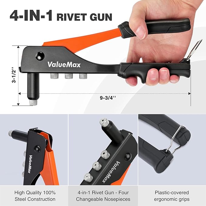 ValueMax 4-in-1 Hand Riveter/Rivet Gun, Pop Rivet Tool Kit with 200 Rivets - 3/32-inch, 1/8-inch, 5/32-inch, 3/16-inch, 4 Interchangeable Nosepieces, Suitable for Metal