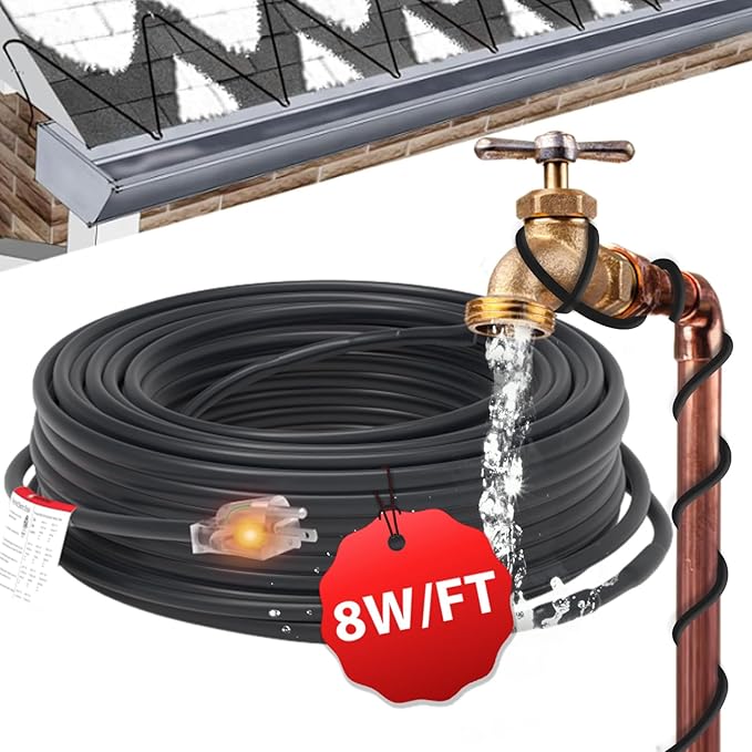 HEATIT 8JHSF1 100ft Roof Heat Cable for Ice Dam Prevention, Self-Regulating Roof Snow De-Icing with 10ft Lighted Plug, Pipe Heating Cable, for Roofing Gutter Ice Dam, ETL Listed 8W/ft 120V