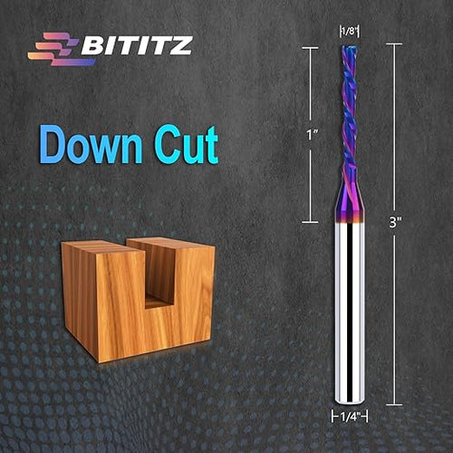 1/4 Inch Shank 1/8 Inch Dia Downcut Spiral Router Bit - 1 Inch Cutting Length 3 Inch Overall Length| CNC Router Bits for Woodworking, Mortising, and Engraving