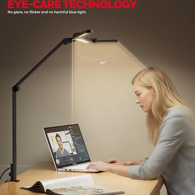 Honeywell LED Desk Lamp with Clamp, HJ3 Sunturalux Architect Desk Lamp for Home Office, Eye-Caring Computer Desk Light 22W 4 Color Modes Clip on Light Stepless Dimming Task Lamp for Working Workbench