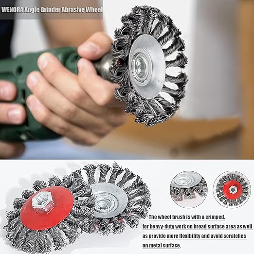 4 Pack 4 Inch Twist Knotted Wire Wheel Brush for Angle Grinder with 5/8 Inch-11 Threaded Arbor, for Heavy-Duty Conditioning for Various Metals