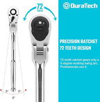 DURATECH 1/2" Drive Flex-Head Ratchet, 72-Tooth Ratchet Wrench, Quick-release, Reversible Switch, Full-Polished Chrome Plating, Alloy Steel