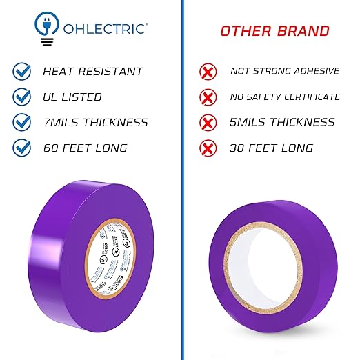 OHLECTRIC Professional Grade Vinyl Electrical Tape (1 Pack) Purple - 7 Mil Thick Flame-Retardant, Heat & Weather Resistant 3/4 Inch x 60 Feet | Ideal for Contractors & Electricians