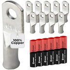 SELTERM 10pcs - 8 Awg - #10 Stud - Battery Lugs - Ring Terminal Connectors | with 12pcs 3:1 Black & Red Heat Shrink Tubing with Adhesive | Heavy Duty Battery Cable Ends - Tinned Copper Wire Lugs Kit