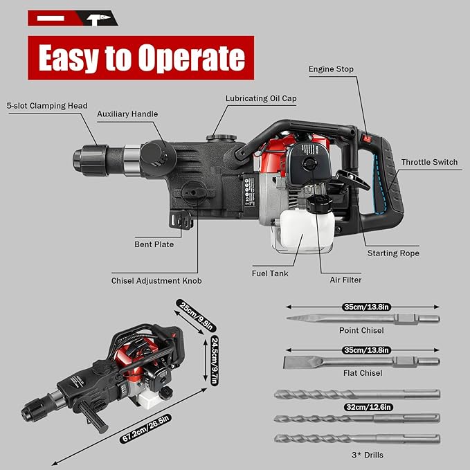 33CC Gasoline Demolition Hammer 36*32mm 2-stroke Gas Powered Jack Hammer Drill Concrete Breaker with Point Flat Chisel for Concrete Bricks Rocks Single Cylinder Air Cooling