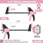 WORKPRO Mini Bar Clamps for Woodworking, 6"(2) and 4-1/2"(2), 4-Piece One-Handed Clamp/Spreader, Light-Duty Quick-Change F Clamp with 150lbs Load Limit - Pink Ribbon