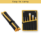 6 Pack Punch and Chisel Set, Includes 3 Pcs Digging Tools Cold Chisel, 3 Pcs Center/Pin/Tapered Punch Set, with Canvas Bag, Masonry Chisels for Brick, Wood, Metal and Stone