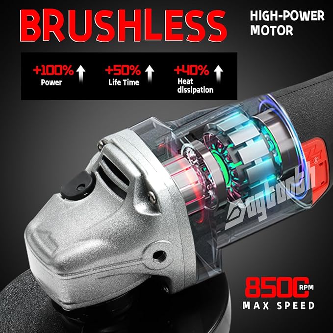 DOGTOOTH Max 21V 4-1/2'' Cordless Angle Grinder Set with 2 * 4.0 Ah Batteries, Compatible with Makita 18V Battery, Brushless Motor, Max10000 RPM, Charger, 4 Cutting&Grinding Discs and Carry Case