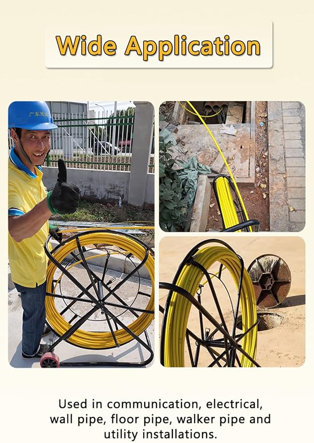 Fish Tape Fiberglass 6mm 656ft wire cable running electrical fish tape wire puller Cable Running Rod with Steel Reel Stand 【6mm*200m】