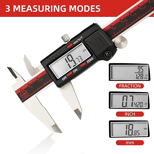 VINCA IP54 Grade Digital Caliper, DCLA-0605 6 Inch/150mm, Inch/Millimeter/Fraction Conversion, Stainless Steel, Large LCD Screen