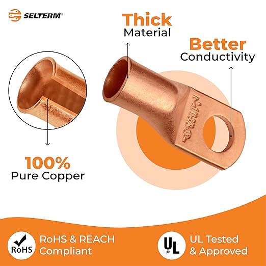 SELTERM 10pcs 1/0 AWG - 3/8" Stud - Battery Lugs, Heavy Duty Wire Lugs, Ring Terminals, Battery Cable Ends,0 Gauge Terminals, UL Bare Copper Eyelets Electrical Battery Terminal Connectors