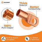 SELTERM 25pcs 1/0 AWG 3/8" Stud Battery Lugs, Ring Terminals, Heavy Duty Copper Wire Lugs, Battery Cable Ends, 0 Gauge Ring Terminal Connectors, UL Bare Copper Eyelets Electrical Battery Cable Lugs