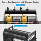 JUNNUJ Power Tool Organizer Floor Stand with Charging Station, Garage Adjustable Storage Rack Utility Tool Shelf with 8 Outlet Power Strip, Heavy Duty Drill and Battery Holder, Red