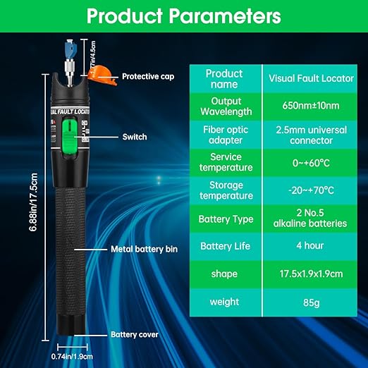 Moocci Visual Fault Locator Fiber Optic Tester - VFL Fiber Optic Cable Tester Meter with FC to LC Adapter - Tools Tester Kit for LC/FC/SC/ST, Network Cable Test