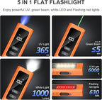 5-in-1 Rechargeable EDC Flat Flashlight, High Lumens Pocket Torch with White LED, Green, UV, Magnetic Base & Clip, Compact Flat Flashlight for Camping, Emergency, Work with Bag (Orange)