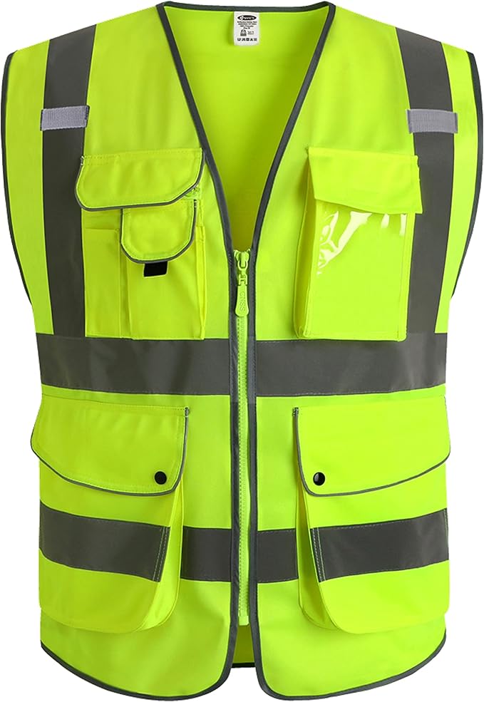 JKSafety 9 Pockets Class 2 High Visibility Zipper Front Safety Vest With Reflective Strips, Yellow Meets ANSI/ISEA Standards (3X-Large-150-Yellow)