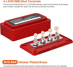 2pcs 300A Bus Bar Box Nickel Plated Brass Power Distribution Block with 4xM8 (5/16 inch) Positive Negative Ground Battery Junction Block Buss Bar with Cover DC12 24 48V（Red & Black）
